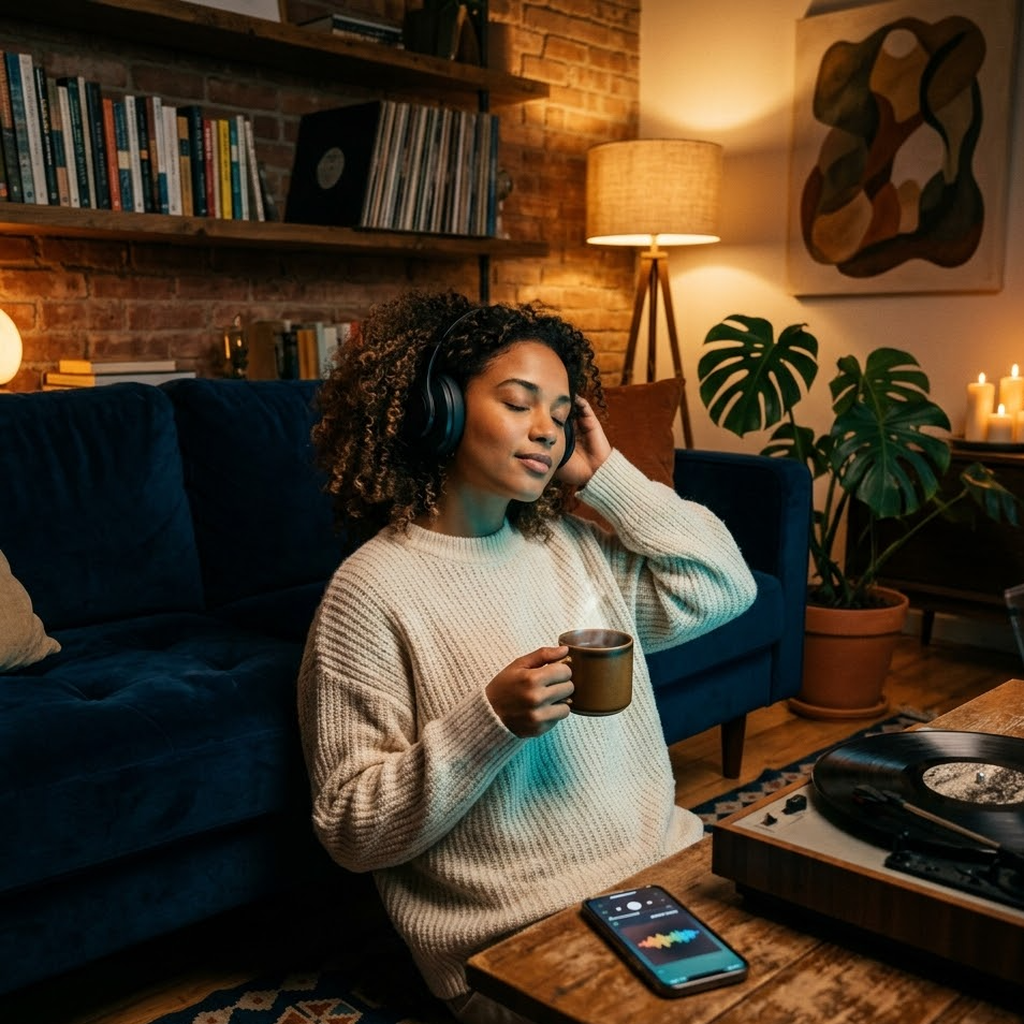 Femme écoutant de la musique au casque dans son salon cosy